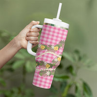 Aloha Puakenikeni Anthurium Pikake Lei Tumbler With Handle Tropical Pink Hawaiian Palaka Pattern LT9 - Polynesian Pride