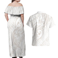 Hawaii Plumeria Lokelani Pikake Lei Couples Matching Off Shoulder Maxi Dress and Hawaiian Shirt Sandy Beige Polynesian Tattoo