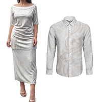 Hawaii Plumeria Lokelani Pikake Lei Couples Matching Puletasi and Long Sleeve Button Shirt Sandy Beige Polynesian Tattoo LT9 Beige - Polynesian Pride