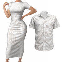 Hawaii Plumeria Lokelani Pikake Lei Couples Matching Short Sleeve Bodycon Dress and Hawaiian Shirt Sandy Beige Polynesian Tattoo LT9 Beige - Polynesian Pride