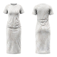 Hawaii Plumeria Lokelani Pikake Lei Couples Matching Short Sleeve Bodycon Dress and Hawaiian Shirt Sandy Beige Polynesian Tattoo LT9 - Polynesian Pride