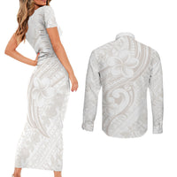 Hawaii Plumeria Lokelani Pikake Lei Couples Matching Short Sleeve Bodycon Dress and Long Sleeve Button Shirt Sandy Beige Polynesian Tattoo LT9 - Polynesian Pride