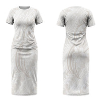 Hawaii Plumeria Lokelani Pikake Lei Couples Matching Short Sleeve Bodycon Dress and Long Sleeve Button Shirt Sandy Beige Polynesian Tattoo LT9 - Polynesian Pride