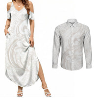 Hawaii Plumeria Lokelani Pikake Lei Couples Matching Summer Maxi Dress and Long Sleeve Button Shirt Sandy Beige Polynesian Tattoo LT9 Beige - Polynesian Pride