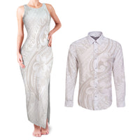 Hawaii Plumeria Lokelani Pikake Lei Couples Matching Tank Maxi Dress and Long Sleeve Button Shirt Sandy Beige Polynesian Tattoo