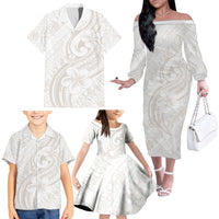 Hawaii Plumeria Lokelani Pikake Lei Family Matching Off The Shoulder Long Sleeve Dress and Hawaiian Shirt Sandy Beige Polynesian Tattoo