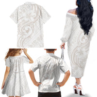 Hawaii Plumeria Lokelani Pikake Lei Family Matching Off The Shoulder Long Sleeve Dress and Hawaiian Shirt Sandy Beige Polynesian Tattoo