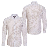 Hawaii Plumeria Lokelani Pikake Lei Family Matching Off Shoulder Short Dress and Hawaiian Shirt Sandy Beige Polynesian Tattoo LT9 Dad's Shirt - Long Sleeve Beige - Polynesian Pride