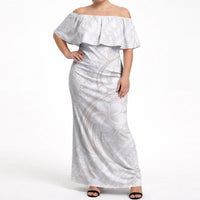 Hawaii Plumeria Lokelani Pikake Lei Off Shoulder Maxi Dress Sandy Beige Polynesian Tattoo LT9 Women Beige - Polynesian Pride