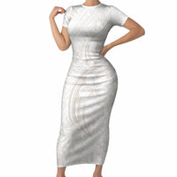 Hawaii Plumeria Lokelani Pikake Lei Short Sleeve Bodycon Dress Sandy Beige Polynesian Tattoo LT9 Long Dress Beige - Polynesian Pride