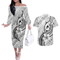 Hawaii Plumeria Lokelani Pikake Lei Couples Matching Off The Shoulder Long Sleeve Dress and Hawaiian Shirt Ele'ele Polynesian Tattoo