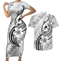 Hawaii Plumeria Lokelani Pikake Lei Couples Matching Short Sleeve Bodycon Dress and Hawaiian Shirt Ele'ele Polynesian Tattoo LT9 Black - Polynesian Pride