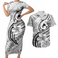 Hawaii Plumeria Lokelani Pikake Lei Couples Matching Short Sleeve Bodycon Dress and Hawaiian Shirt Ele'ele Polynesian Tattoo LT9 Black - Polynesian Pride