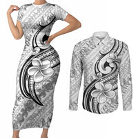 Hawaii Plumeria Lokelani Pikake Lei Couples Matching Short Sleeve Bodycon Dress and Long Sleeve Button Shirt Ele'ele Polynesian Tattoo LT9 Black - Polynesian Pride