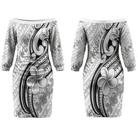 Hawaii Plumeria Lokelani Pikake Lei Family Matching Off The Shoulder Long Sleeve Dress and Hawaiian Shirt Ele'ele Polynesian Tattoo LT9 Mom's Dress Black - Polynesian Pride