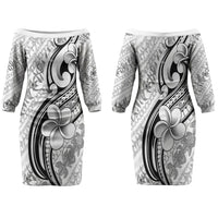 Hawaii Plumeria Lokelani Pikake Lei Family Matching Off The Shoulder Long Sleeve Dress and Hawaiian Shirt Ele'ele Polynesian Tattoo LT9 Mom's Dress Black - Polynesian Pride