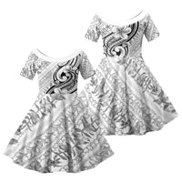 Hawaii Plumeria Lokelani Pikake Lei Family Matching Off The Shoulder Long Sleeve Dress and Hawaiian Shirt Ele'ele Polynesian Tattoo LT9 Daughter's Dress Black - Polynesian Pride