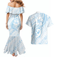 Hawaii Plumeria Lokelani Pikake Lei Couples Matching Mermaid Dress and Hawaiian Shirt Uliuli Polynesian Tattoo