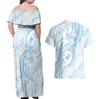 Hawaii Plumeria Lokelani Pikake Lei Couples Matching Off Shoulder Maxi Dress and Hawaiian Shirt Uliuli Polynesian Tattoo