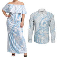 Hawaii Plumeria Lokelani Pikake Lei Couples Matching Off Shoulder Maxi Dress and Long Sleeve Button Shirt Uliuli Polynesian Tattoo LT9 Blue - Polynesian Pride