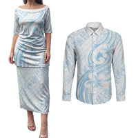 Hawaii Plumeria Lokelani Pikake Lei Couples Matching Puletasi and Long Sleeve Button Shirt Uliuli Polynesian Tattoo LT9 Blue - Polynesian Pride