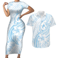 Hawaii Plumeria Lokelani Pikake Lei Couples Matching Short Sleeve Bodycon Dress and Hawaiian Shirt Uliuli Polynesian Tattoo LT9 Blue - Polynesian Pride