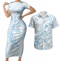 Hawaii Plumeria Lokelani Pikake Lei Couples Matching Short Sleeve Bodycon Dress and Hawaiian Shirt Uliuli Polynesian Tattoo LT9 Blue - Polynesian Pride