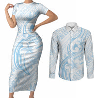 Hawaii Plumeria Lokelani Pikake Lei Couples Matching Short Sleeve Bodycon Dress and Long Sleeve Button Shirt Uliuli Polynesian Tattoo LT9 Blue - Polynesian Pride