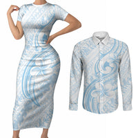 Hawaii Plumeria Lokelani Pikake Lei Couples Matching Short Sleeve Bodycon Dress and Long Sleeve Button Shirt Uliuli Polynesian Tattoo LT9 Blue - Polynesian Pride