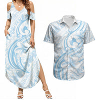 Hawaii Plumeria Lokelani Pikake Lei Couples Matching Summer Maxi Dress and Hawaiian Shirt Uliuli Polynesian Tattoo LT9 Blue - Polynesian Pride