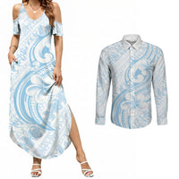 Hawaii Plumeria Lokelani Pikake Lei Couples Matching Summer Maxi Dress and Long Sleeve Button Shirt Uliuli Polynesian Tattoo LT9 Blue - Polynesian Pride