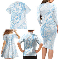 Hawaii Plumeria Lokelani Pikake Lei Family Matching Long Sleeve Bodycon Dress and Hawaiian Shirt Uliuli Polynesian Tattoo LT9 Mom's Dress Blue - Polynesian Pride