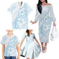 Hawaii Plumeria Lokelani Pikake Lei Family Matching Off The Shoulder Long Sleeve Dress and Hawaiian Shirt Uliuli Polynesian Tattoo