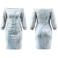 Hawaii Plumeria Lokelani Pikake Lei Family Matching Off The Shoulder Long Sleeve Dress and Hawaiian Shirt Uliuli Polynesian Tattoo LT9 Mom's Dress Blue - Polynesian Pride