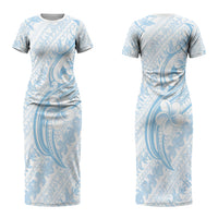 Hawaii Plumeria Lokelani Pikake Lei Family Matching Short Sleeve Bodycon Dress and Hawaiian Shirt Uliuli Polynesian Tattoo LT9 Mom's Dress Blue - Polynesian Pride