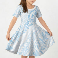 Hawaii Plumeria Lokelani Pikake Lei Kid Short Sleeve Dress Uliuli Polynesian Tattoo LT9 KID Blue - Polynesian Pride