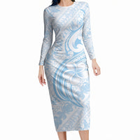 Hawaii Plumeria Lokelani Pikake Lei Long Sleeve Bodycon Dress Uliuli Polynesian Tattoo LT9 Long Dress Blue - Polynesian Pride