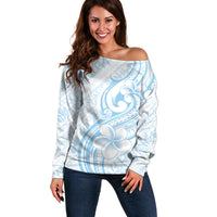 Hawaii Plumeria Lokelani Pikake Lei Off Shoulder Sweater Uliuli Polynesian Tattoo LT9 Women Blue - Polynesian Pride