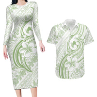 Hawaii Plumeria Lokelani Pikake Lei Couples Matching Long Sleeve Bodycon Dress and Hawaiian Shirt Oma'oma'o Polynesian Tattoo
