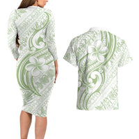 Hawaii Plumeria Lokelani Pikake Lei Couples Matching Long Sleeve Bodycon Dress and Hawaiian Shirt Oma'oma'o Polynesian Tattoo
