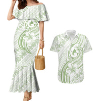 Hawaii Plumeria Lokelani Pikake Lei Couples Matching Mermaid Dress and Hawaiian Shirt Oma'oma'o Polynesian Tattoo