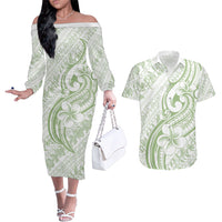 Hawaii Plumeria Lokelani Pikake Lei Couples Matching Off The Shoulder Long Sleeve Dress and Hawaiian Shirt Oma'oma'o Polynesian Tattoo