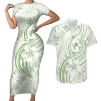 Hawaii Plumeria Lokelani Pikake Lei Couples Matching Short Sleeve Bodycon Dress and Hawaiian Shirt Oma'oma'o Polynesian Tattoo LT9 Green - Polynesian Pride