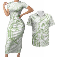 Hawaii Plumeria Lokelani Pikake Lei Couples Matching Short Sleeve Bodycon Dress and Hawaiian Shirt Oma'oma'o Polynesian Tattoo LT9 Green - Polynesian Pride