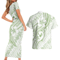 Hawaii Plumeria Lokelani Pikake Lei Couples Matching Short Sleeve Bodycon Dress and Hawaiian Shirt Oma'oma'o Polynesian Tattoo