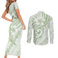 Hawaii Plumeria Lokelani Pikake Lei Couples Matching Short Sleeve Bodycon Dress and Long Sleeve Button Shirt Oma'oma'o Polynesian Tattoo