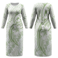 Hawaii Plumeria Lokelani Pikake Lei Family Matching Long Sleeve Bodycon Dress and Hawaiian Shirt Oma'oma'o Polynesian Tattoo LT9 Mom's Dress Green - Polynesian Pride