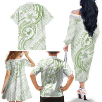 Hawaii Plumeria Lokelani Pikake Lei Family Matching Off The Shoulder Long Sleeve Dress and Hawaiian Shirt Oma'oma'o Polynesian Tattoo