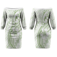 Hawaii Plumeria Lokelani Pikake Lei Family Matching Off The Shoulder Long Sleeve Dress and Hawaiian Shirt Oma'oma'o Polynesian Tattoo LT9 Mom's Dress Green - Polynesian Pride