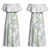 Hawaii Plumeria Lokelani Pikake Lei Family Matching Off Shoulder Maxi Dress and Hawaiian Shirt Oma'oma'o Polynesian Tattoo LT9 Mom's Dress Green - Polynesian Pride